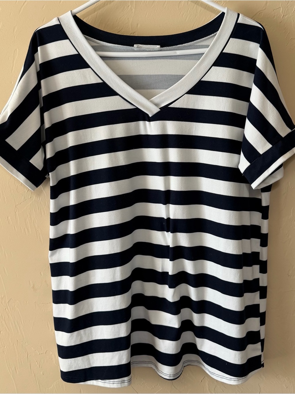 Women's Navy and White Striped V-Neck Tee